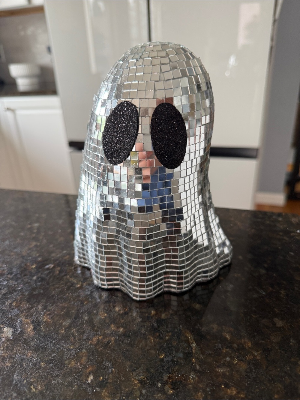 Silver Disco Ghost Figurine with Black Glitter Eyes